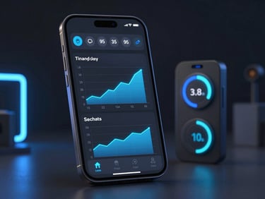 Sleek Android utility app interface showing system performance metrics with glowing electric blue charts, dark UI, modern device mockup