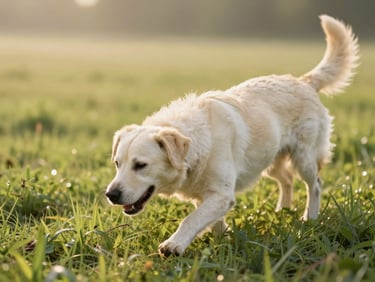 A dog sniffing happily in a lush green field, soft morning light, warm tones, 35mm lens