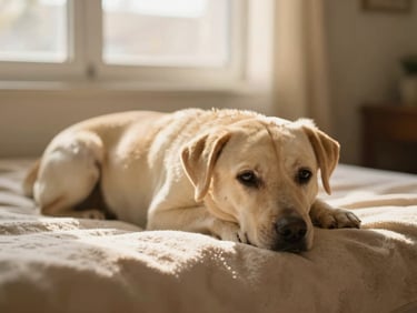 A calm dog resting on a soft blanket, soft golden hour sunlight filtering through a window, 35mm lens