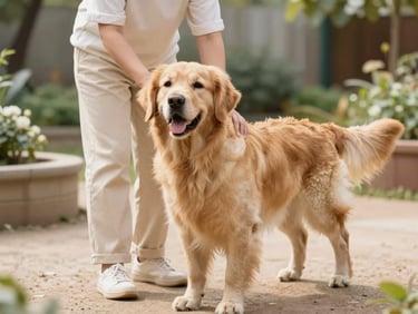 A warm, natural photo of a canine educator gently guiding a happy golden retriever through an enrichment garden, soft daylight, editorial style