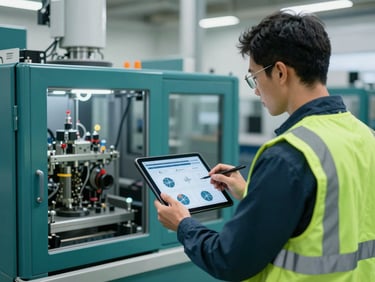 Engenheiro com tablet em mãos, analisando dados de performance em tempo real de uma máquina industrial, com fundo desfocado de equipamentos, deep teal e safety green accents.