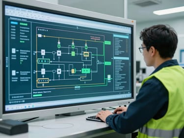 Engenheiro analisando um diagrama de fluxo de processo complexo em uma tela grande, em um ambiente industrial limpo, com iluminação fria, deep teal e safety green accents.