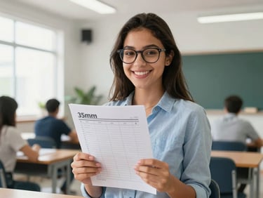 A young Brazilian woman with glasses smiling in a modern study room, holding a printed study schedule, clear professional lighting, 35mm