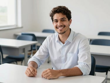 A smiling Brazilian man in his late 20s sitting at a clean study desk, looking confidently at the camera, bright daylight, 35mm