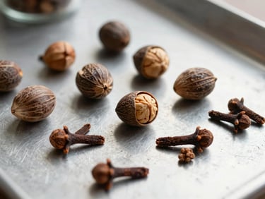 Macro shot of graded Indonesian spices, nutmeg and cloves arranged on a clean industrial metal surface, neutral bright daylight.