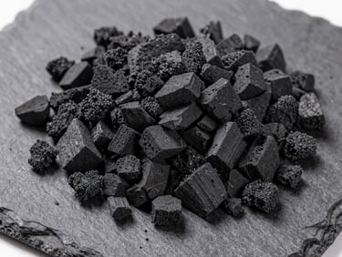 Top-down macro shot of high-density coconut charcoal briquettes on a clean grey slate background, precise edges, dry texture.
