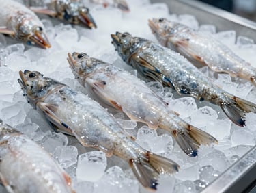Flash-frozen seafood on clean ice, macro shot under bright neutral industrial lighting, showing high-grade export quality.