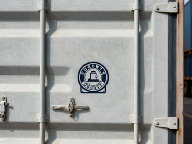 Top-down macro shot of a sealed shipping container lock with official customs seal, pristine metal details, bright daylight, maritime cargo focus.