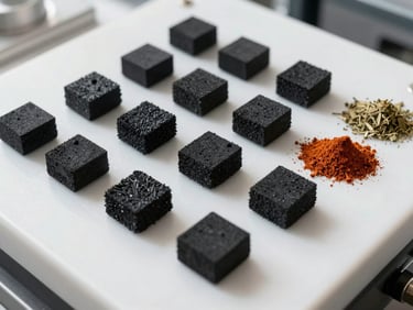 A top-down macro shot of graded spices and moisture-tested coconut charcoal briquettes on a clean, white industrial inspection table, bright daylight.