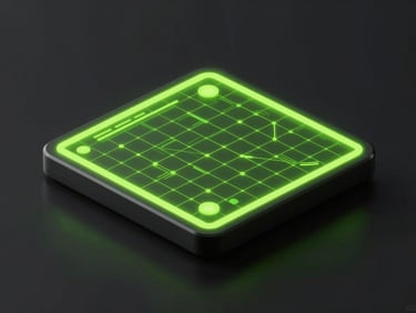 Isometric device mockup on a dark reflective surface, displaying a vibrant green cyber-lime tactical grid game interface, moody digital glow