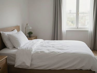 Wide environmental shot of a clean bedroom — neatly made bed with folded white linen, organised bedside table, daylight through a window, unoccupied, photographed head-on