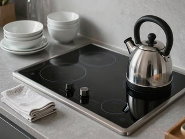 Close-up overhead shot of a fully equipped kitchen counter — induction hob, kettle, stacked white crockery, folded clean tea towels, cool studio lighting, no people