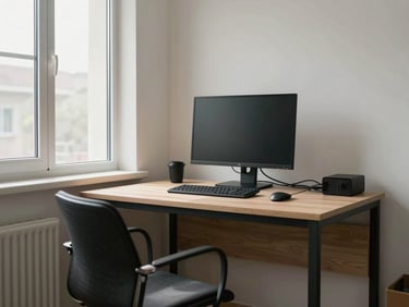 Wide environmental shot of an unoccupied well-lit home office setup — clean desk, monitor, organised cables, natural daylight from a side window, head-on framing, no people