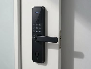 Head-on detail shot of a modern smart lock keypad mounted on a door frame — clean white wall, cool natural light from the side, no hands or people, sharp focus on the hardware