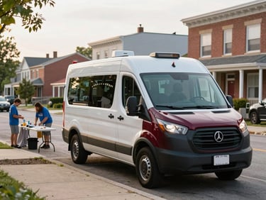 A mobile healthcare clinic van parked in a vibrant Ohio neighborhood during a bright overcast day, local volunteers setting up tables, natural lighting.