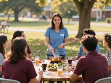 An outdoor community workshop in a sunlit Ohio park, a health educator demonstrating healthy cooking on a wooden table to an engaged group.