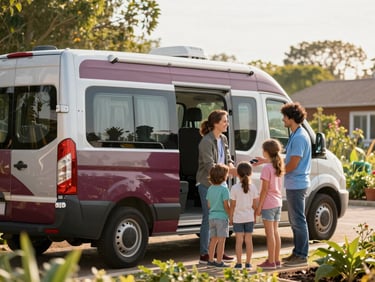 A warm-toned outdoor shot of a modern mobile clinic van parked beside a community garden, a local volunteer greeting a family with a smile.
