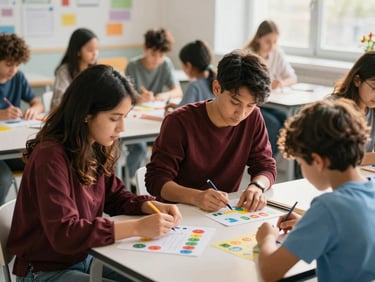 A bright, contemporary community classroom where a diverse group of local residents are collaborating over colorful educational materials.