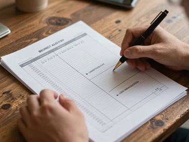 Close-up candid shot of hands reviewing financial ledgers and operational flowcharts on a rustic wooden table, warm ambient interior lighting.