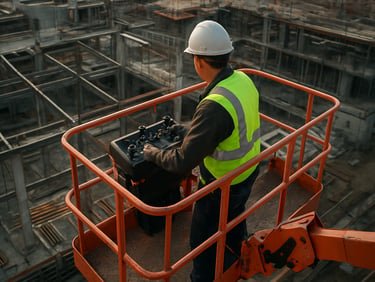 Wide documentary frame, aerial work platform nacelle elevated above a structure under construction, operator at control panel mid-task, natural daylight, no staged posing