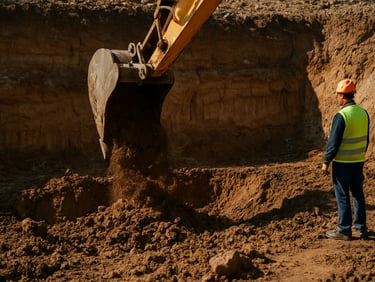 Wide shot of a terrassement site, excavator bucket mid-scoop removing earth, raw cut terrain visible, direct overhead daylight, worker in high-vis vest observing from the edge