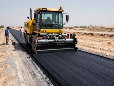 Environmental panoramic of a road paving operation, asphalt finisher machine laying black surface on a new road, crew members following behind with hand tools, strong midday sun, arid landscape flanking the road