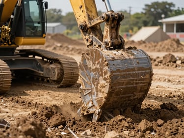 Close-up documentary frame, tracked excavator bucket piercing compacted earth on an active site, natural direct daylight, mud on the bucket visible, no people facing camera