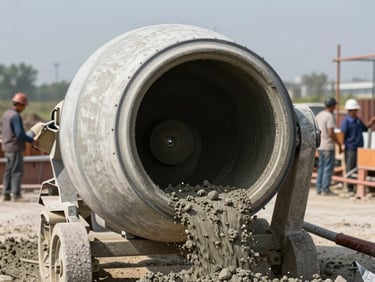 Documentary frame, concrete mixer drum rotating on an active pour site, fresh concrete visible at drum opening, natural daylight, site workers in background coordinating