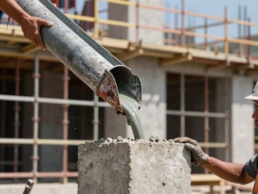 Close-up of a concrete column formwork being poured on an active building site, crew hands guiding the chute, natural daylight, scaffolding structure visible in background