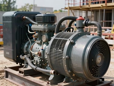 Close-up documentary frame, industrial diesel generator under load on a construction site, cables connected, ventilation grille visible, direct natural daylight, no studio setup