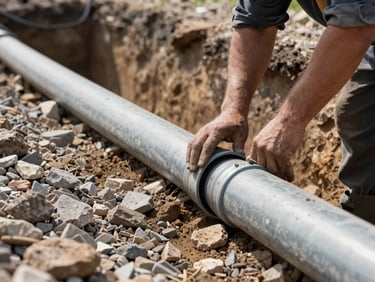 Close-up of a water main trench, PVC pipes laid in compacted gravel bedding, crew member inspecting joint connection, bright daylight, open excavation walls in background