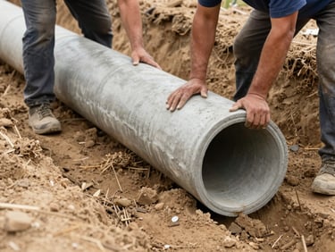 Ground-level shot of drainage pipe installation in an open trench, workers guiding concrete pipe section into position, sandy excavated walls visible, direct daylight