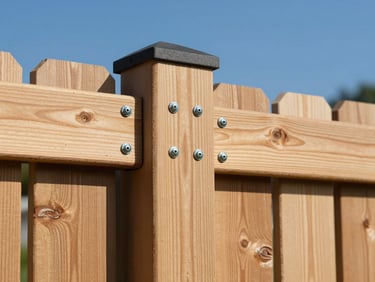 A close-up of a premium cedar wood fence joint, showing rich grain and heavy-duty galvanized steel fasteners, bright natural daylight, crisp architectural photography, sharp focus, 35mm