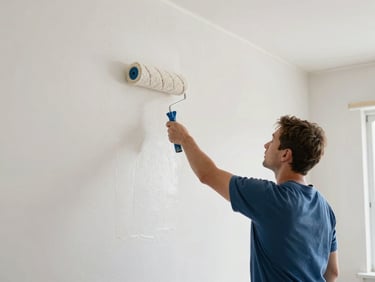 Painter applying a smooth, even coat of paint to an interior wall with a roller, showing attention to detail, well-lit interior space, technical angle