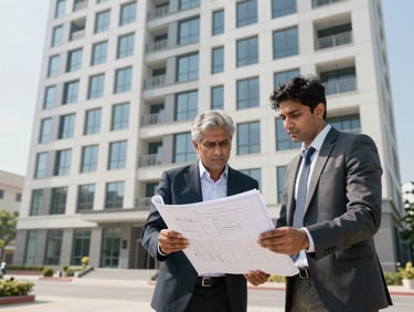 Er. Prashant Shelar reviewing blueprints with a property manager on-site, a commercial building in the background, bright natural daylight.