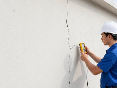 Technician inspecting a wall for dampness with a moisture meter, showing a structural crack being prepared for repair, bright natural daylight.