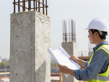 Close-up of a civil engineer inspecting a reinforced concrete column on a construction site, blueprints in hand, focus on structural details.