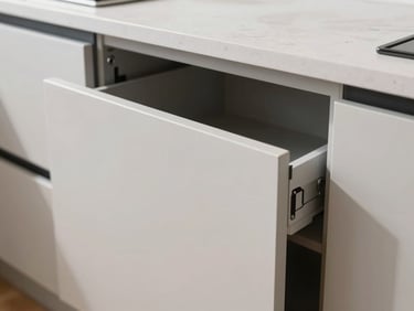 Close-up of a sleek, modern modular kitchen cabinet with a soft-close mechanism, showing detailed craftsmanship, bright natural daylight, clean realistic tones