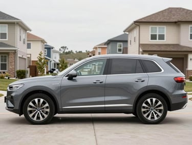 Three-quarter exterior view of a clean gray family SUV parked in a modern suburban driveway, bright overcast lighting