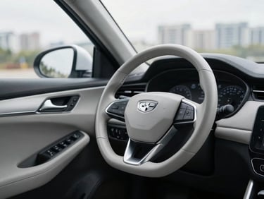 Close-up of a clean silver sedan dashboard and steering wheel under soft overcast daylight, sharp focus, 50mm lens