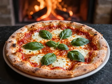 Pizza Margherita classique, mozzarella fondante, sauce tomate vive, basilic frais, croûte léopard, lumière naturelle.