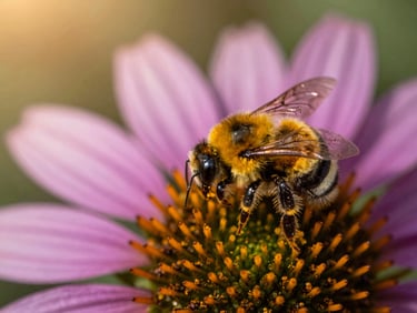 Close-up of a bumblebee nestled inside a purple coneflower, yellow pollen grains visible, soft focus background