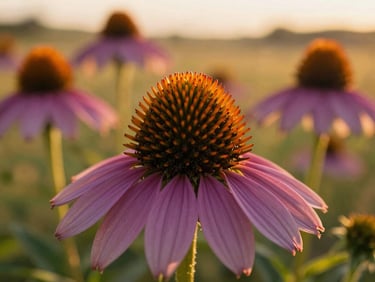 Macro shot of a native purple coneflower in a sunlit field, rich organic textures, warm golden-hour light
