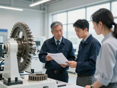 Industrial engineer in high-vis gear reviewing ISO compliance documentation with a client inside a modern, bright manufacturing facility, crisp focus, corporate technical style.