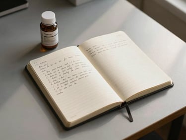 Flat-lay of an open notebook with handwritten protocol notes beside a small supplement bottle, on a warm gray desk surface under diffused window light, no harsh shadows