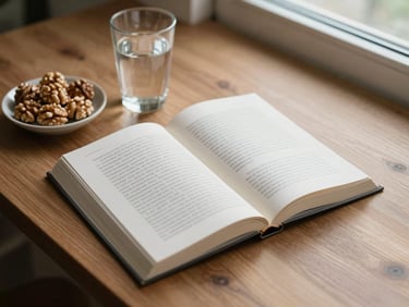 Overhead shot of the book lying open on a wooden desk alongside a glass of water and a small dish of whole walnuts, diffused natural daylight from a nearby window, realistic home environment