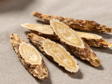 Close-up flat-lay of ashwagandha root slices on warm gray linen, diffused natural daylight, earthy tones, tight crop showing root texture and cross-section detail, no bottles