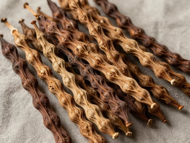 Overhead close-up of dried mucuna pruriens seed pods on warm gray linen, diffused natural daylight, tight frame showing texture and color of the pods, no bottles, no labels