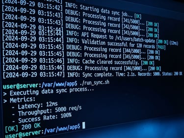 High-contrast terminal screen showing successful execution metrics and 200 OK status codes in electric blue, dark-mode UI photography