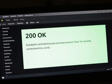 High-contrast screenshot of a clean API response payload with 200 OK status in neon green, dark-mode UI photography